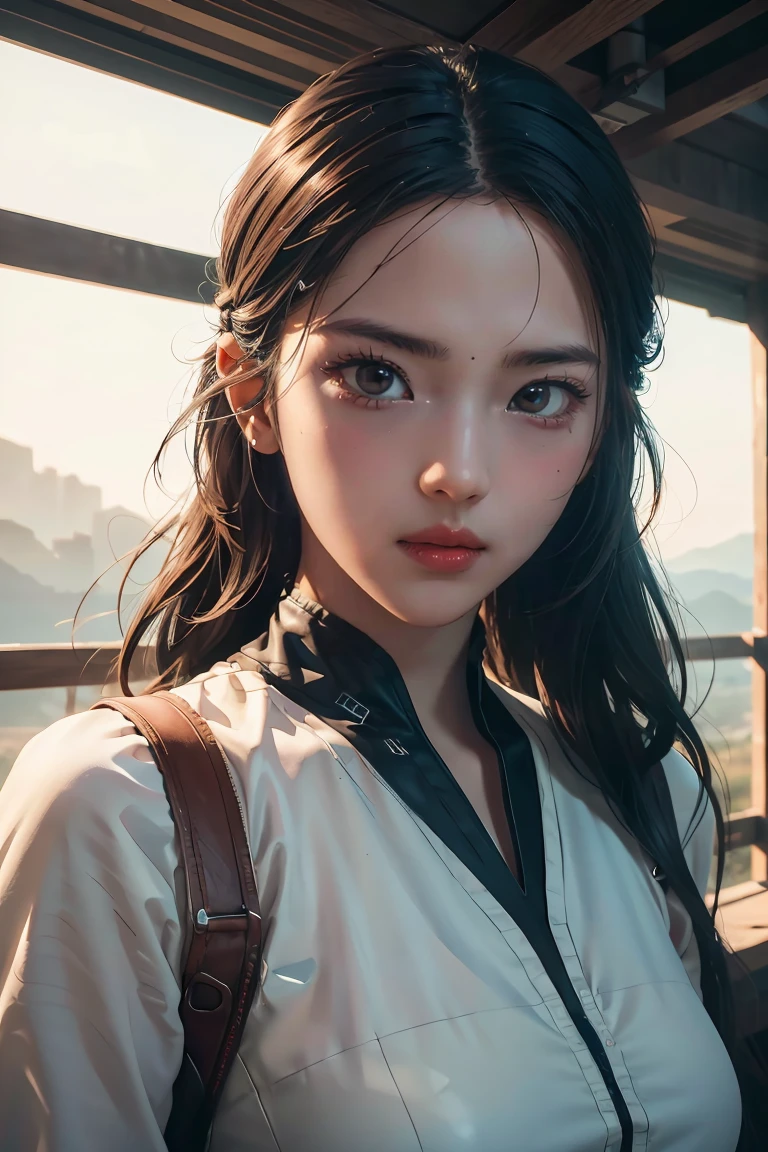 1 girl (Highly detailed Octane CG makes 8k wallpaper), The most beautiful artwork in the world, Full Shot of GITSEllie looking at the camera. (no: 0.75), Full dynamic color, complicated, Highly detailed, Sharp focus, Amazing, and the art of photorealistic painting by Greg Rutkowski.