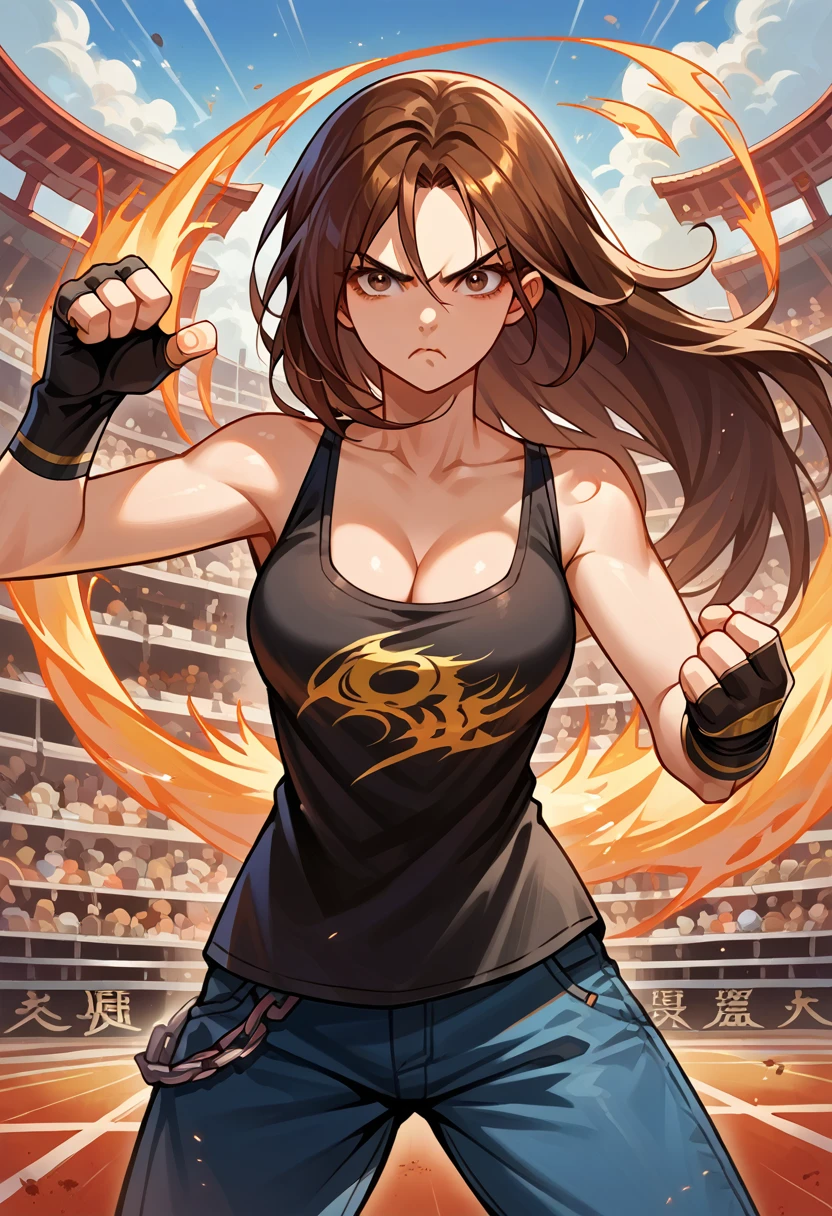 score_9, score_8_up, score_7_up, source_anime, 1girl, solo, (female:1.5), female focus, kyo_nest, brown hair, long hair, brown eyes,   black shirt, blue pants, chain, cleavage, off shoulder, sleeveless, fingerless gloves, fighting, stance, standing, pout, looking at you, coliseum