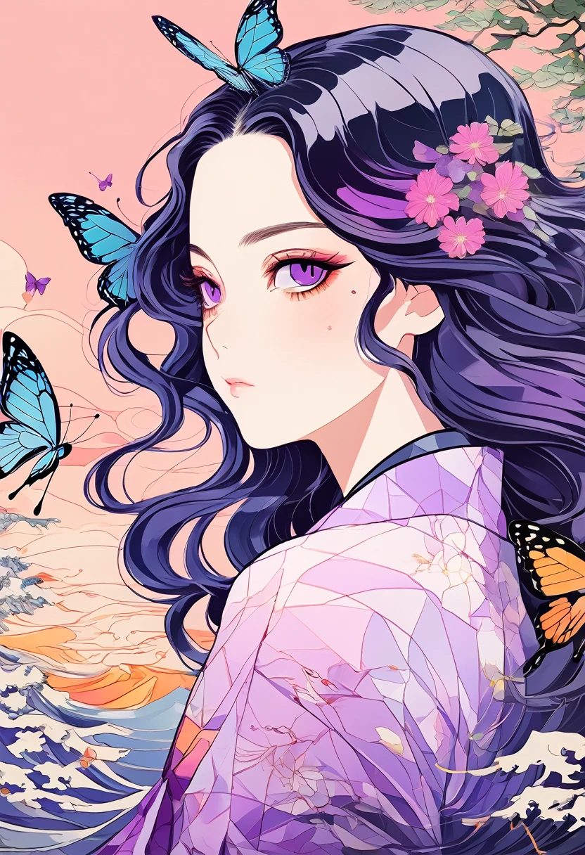 A mesmerizing surreal illustration of Shinobu Kouchou from Kimetsu No Yaiba. She has black hair, purple eyes, a butterfly hair ornament, and wears a vibrant pastel colored bikini. The background is a vintage floral-patterned wallpaper that complements the artwork's colors. The line work is precise, with delicate shading that gives the illustration a 3D quality. 
