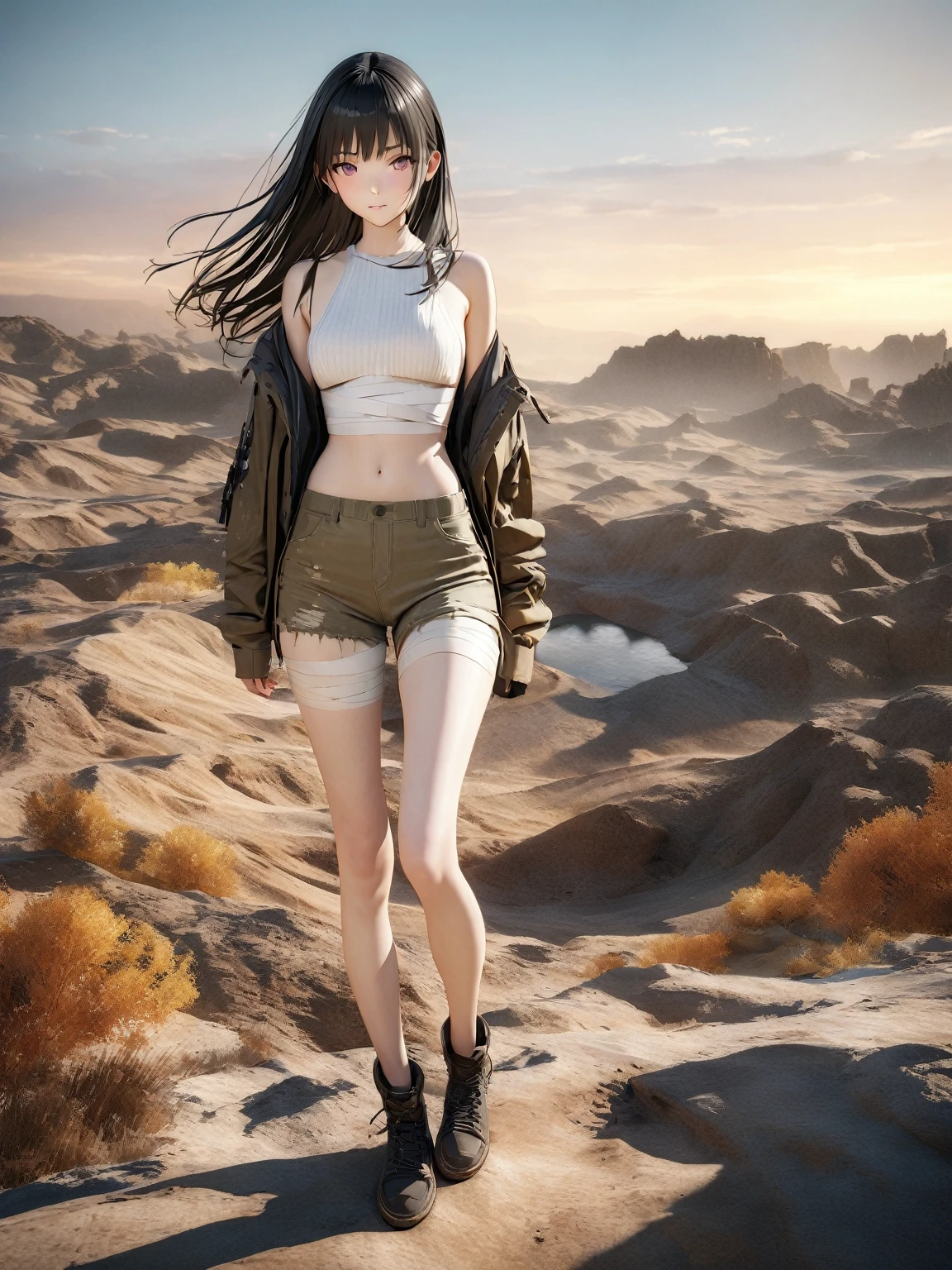 DIY16，best quality, 超HD, masterpieces, 8K, Practical, Anime style, 3D Rendering，masterpiece,need,lifelike，Bare lower abdomen，Sexy，bandage，Layering，Hollow，Full body image，Feral，Khaki washed distressed shorts，Black hair，Open shoulders，Layering，Long legs，，Wasteland Punk Style，desert，The details of wind and dust are complex，，HD，Photography Lighting，16K(Pond in the evening:1.2), (8K, best quality, masterpiece:1.2), (Ultra-high resolution:1.0), Extremely bright design, Soft colors, (ink:1.3), Autumn Lights, High Detail, dramatic, photoPractical painting art
