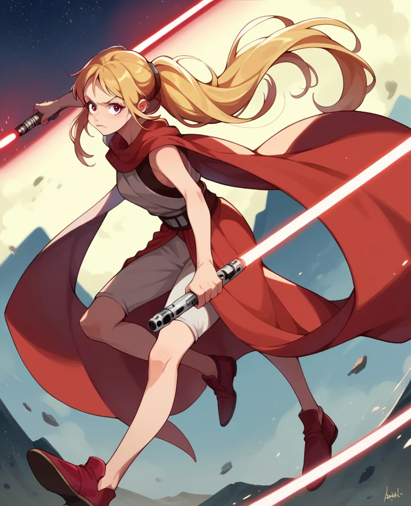 Ruby hoshino, golden hair, very long hair, star wars, Jedi, lightsaber, red lightsaber, high shoes, bare hands, hoops, 