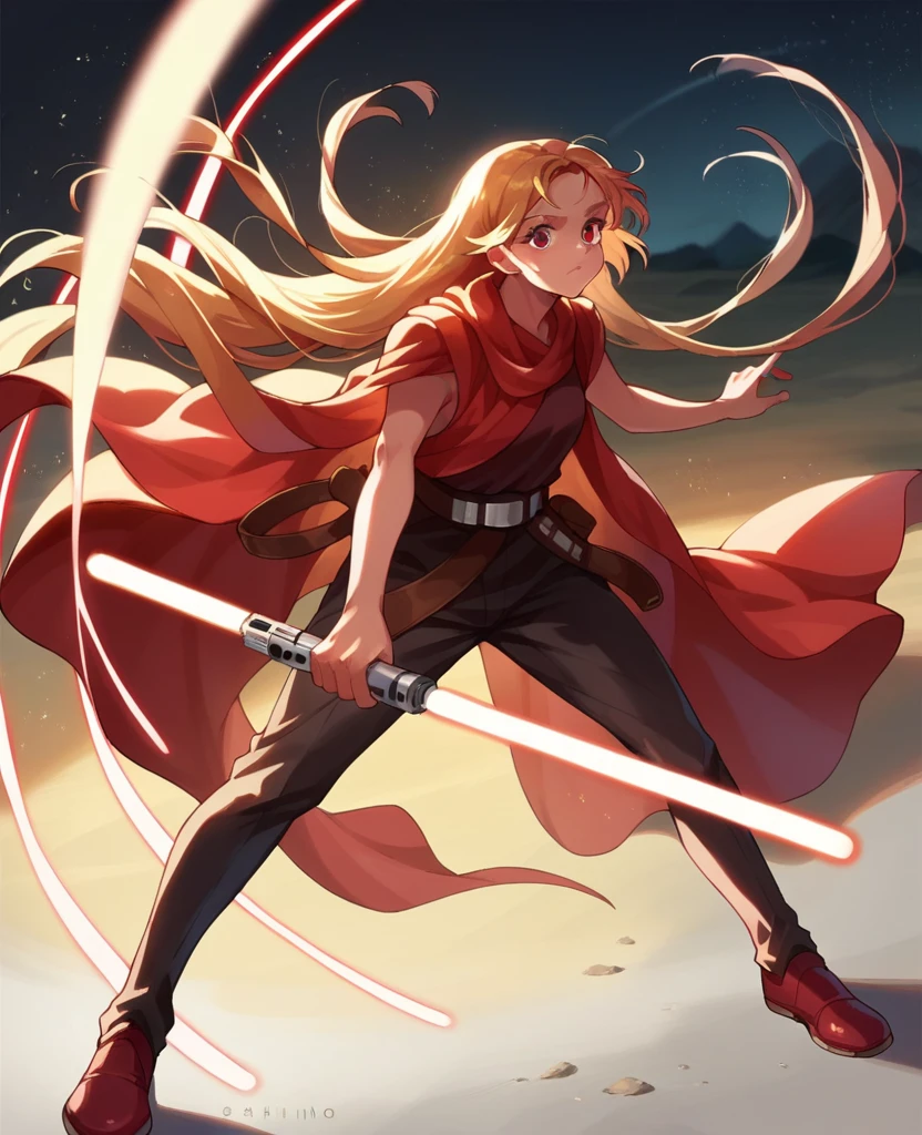 Ruby hoshino, golden hair, very long hair, star wars, Jedi, lightsaber, red lightsaber, high shoes, bare hands, hoops, 