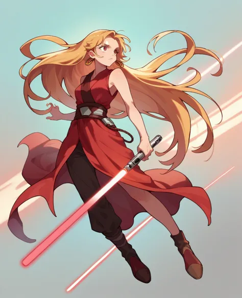 ruby hoshino, golden hair, very long hair, star wars, jedi, lightsaber, red lightsaber, high shoes, bare hands, hoops,