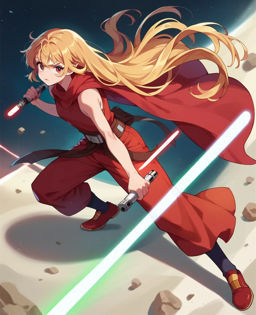 Ruby hoshino, golden hair, very long hair, star wars, Jedi, lightsaber, red lightsaber, high shoes, bare hands, hoops, 