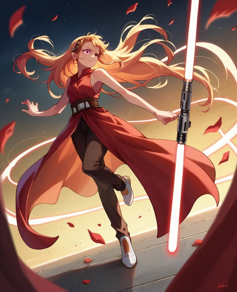 Ruby hoshino, golden hair, very long hair, star wars, Jedi, lightsaber, red lightsaber, high shoes, bare hands, hoops, 