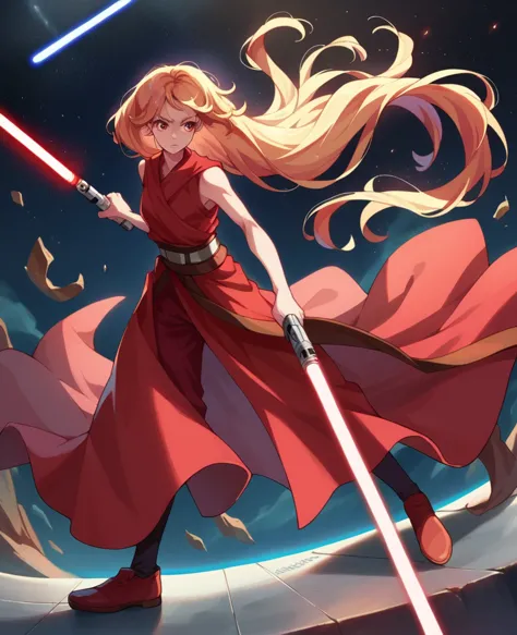 ruby hoshino, golden hair, very long hair, star wars, jedi, lightsaber, red lightsaber, high shoes, bare hands, hoops,