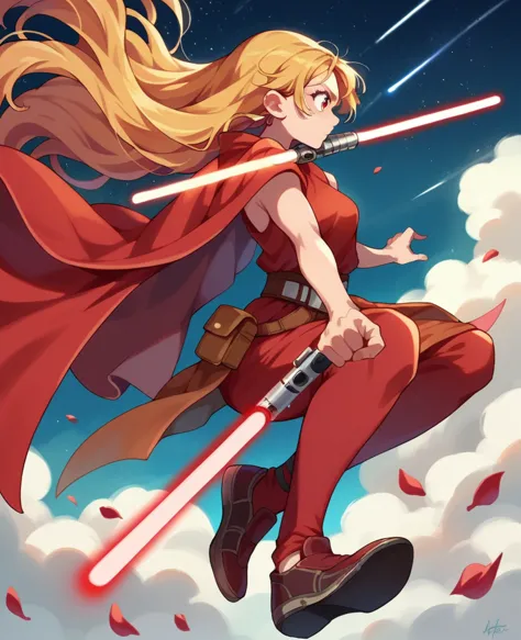 ruby hoshino, golden hair, very long hair, star wars, jedi, lightsaber, red lightsaber, high shoes, bare hands, hoops,