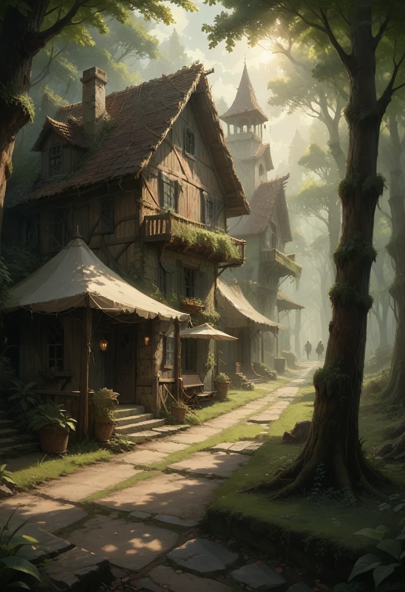 Tabletop Roleplaying Game Map, villages, surrounded by a dense and mysterious forest, With high quality, incredible details and a captivating atmosphere. Add eye-catching lighting and shadows, To enhance the immersion in the scene.. The road leads to the village