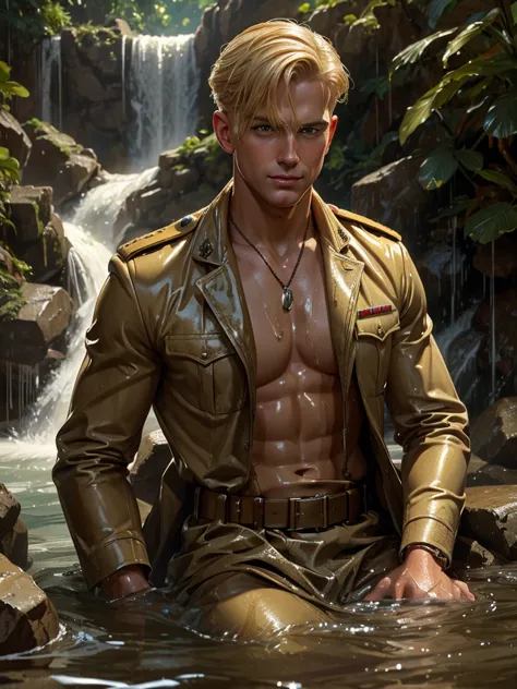 illustration in the style of leyendecker; first sergeant, handsome blond 2 bathing in a waterfall. wet hair. wet skin. dog tags ...