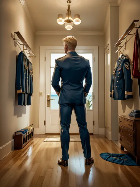 a handsome blond man, , wearing only swimming trunks, looks at a seal officer's dress uniform with awards, which hangs on a suit...