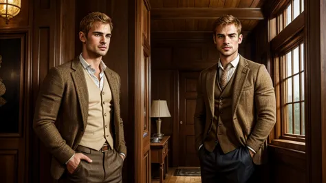 english country gentleman, 30, ruggedly handsome, theo james reminiscent, receding ginger blonde hair with a widows peak, broad,...