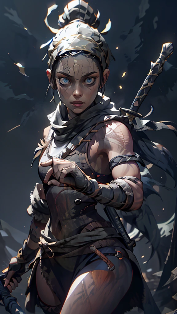 Senua from hellblade, 1girl, holding glowing sword, sword fighting poses, wide angle, damaged leather clothing, thigh cutout, forehead and eyes painted dark blue, determined expression, 16k, best quality, detailed face, beautiful blue eyes, best hands, perfect hands, unreal engine rendering style, award winning digital art, darkly atmospheric lighting 