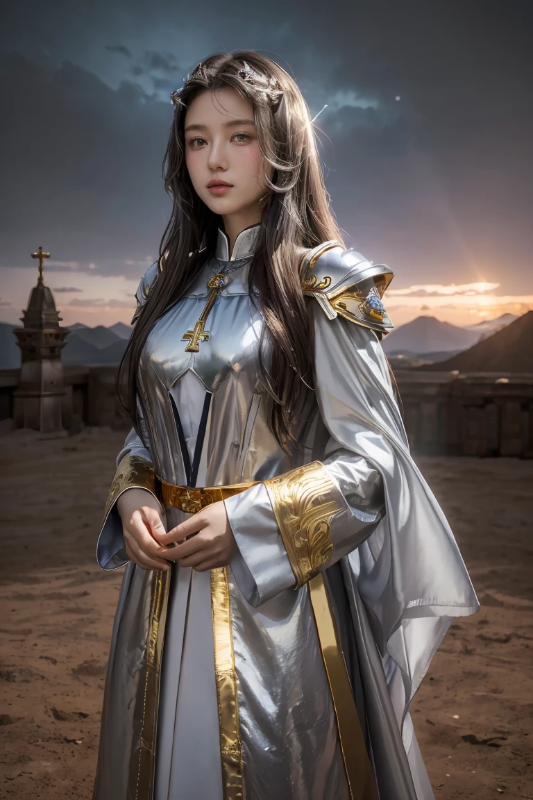 ((Masterpiece, best quality, very detailed), Volumetric light, surrounding occlusion, colorful, glow), 1 girl, alone, young girl, (dark hair), long hair, radius, Aura, sacred, goddess, Priest Uniform, (Silver set with gold details:1.3), armor, outdoor, sunset, sky, cloud, space, (Fantasy Theme:1.2),