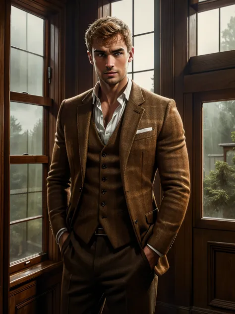 english country gentleman, 30, ruggedly handsome, theo james reminiscent, receding ginger blonde hair with a widows peak, broad,...