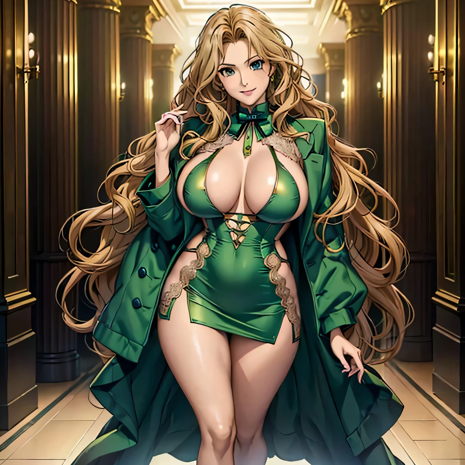 woman((25years old)), hair((wavy, golden brown)), eye((smart eye, green)), Clothes((new york fashion week, light green)), nipples are exposed, smile, Proudly, random hairstyles, accessories,Costume with large open chest,super mini skirt,lace costume, full body view, exposed thighs, 
