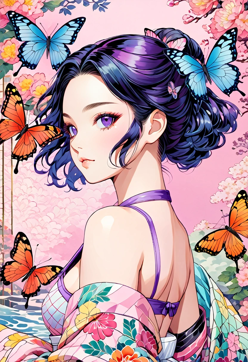 A mesmerizing surreal illustration of Shinobu Kouchou from Kimetsu No Yaiba. She has black hair, purple eyes, a butterfly hair ornament, and wears a vibrant pastel colored bikini. The background is a vintage floral-patterned wallpaper that complements the artwork's colors. The line work is precise, with delicate shading that gives the illustration a 3D quality.
