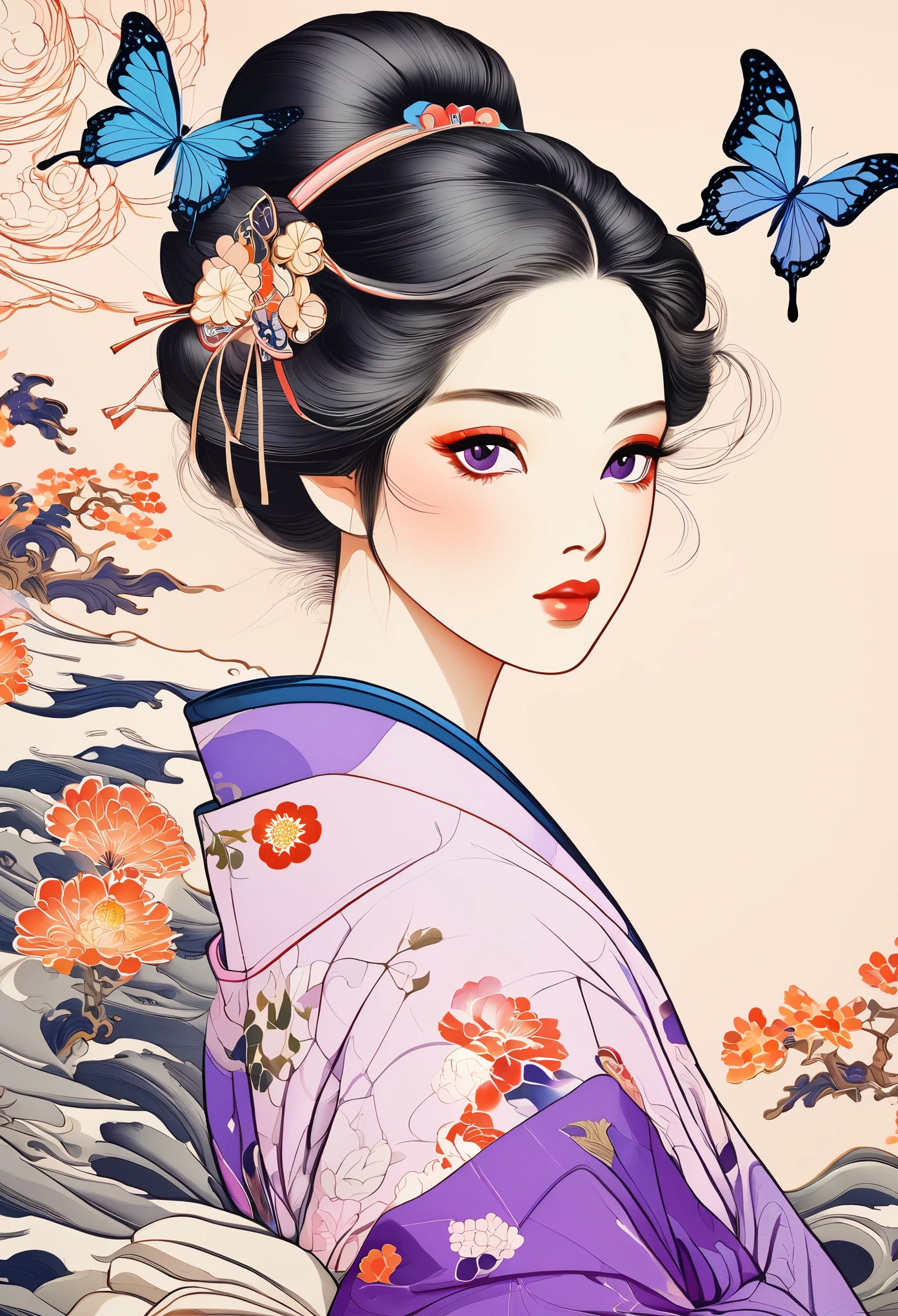 A mesmerizing surreal illustration of a young japanese woman resembling Shinobu Kouchou. She has black hair, purple eyes, a butterfly hair ornament, and wears a vibrant pastel colored outfit adorned with intricate floral patterns. Freckles dot her smooth, warm complexion, and bold, colorful tattoos cover her arms and legs. The tattoos feature traditional Japanese motifs like flowers and mythical creatures, rendered with meticulous detail in a pastel color palette. The background is a vintage floral-patterned wallpaper that complements the artwork's colors. The line work is precise, with delicate shading that gives the illustration a 3D quality. The artwork fuses modern illustration techniques with traditional Japanese aesthetics, resulting in a visually striking, portrait,
