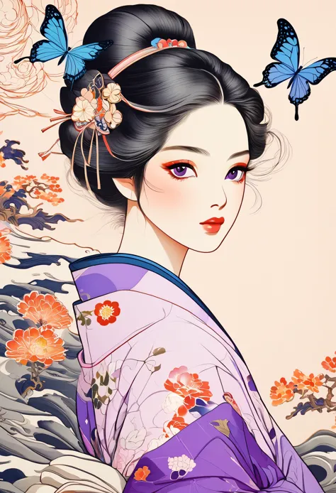 a mesmerizing surreal illustration of a young japanese woman resembling shinobu kouchou. she has black hair, purple eyes, a butt...