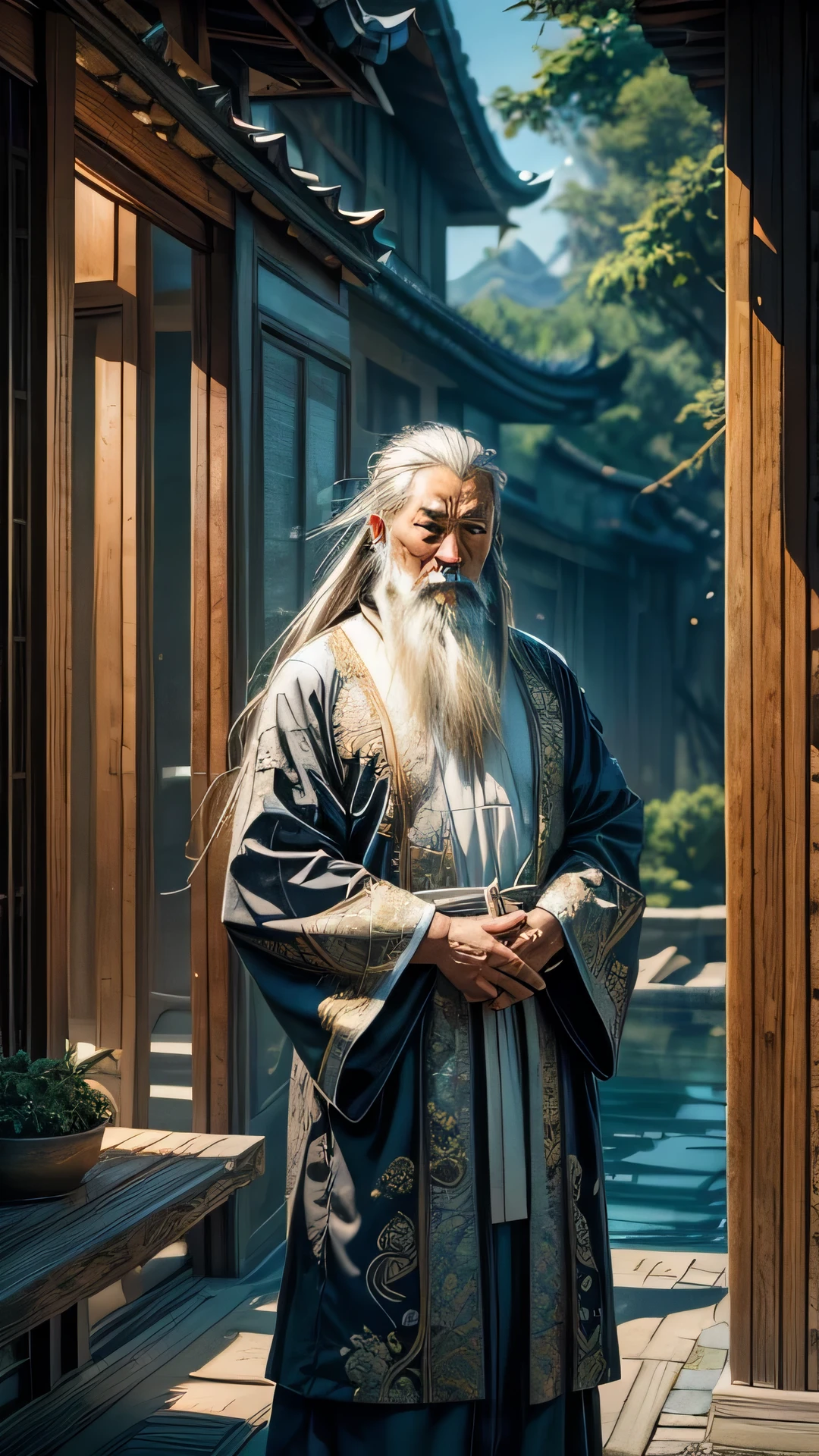 A Chinese man aged 60-70 years old, dressed in traditional clothing from the 8th to 10th century. He has silver hair and a long beard. The man appears deep in thought, with a contemplative expression on his face. His clothing is detailed, with flowing robes typical of the Tang Dynasty, featuring intricate patterns. The background is simple, perhaps a serene outdoor setting with elements like a distant mountain or bamboo trees, to emphasize his introspective mood.