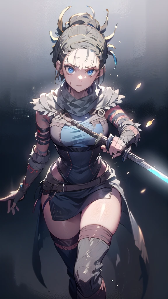 Senua from hellblade, 1girl, holding glowing sword, sword fighting poses, wide angle, damaged leather clothing, thigh cutout, forehead and eyes painted dark blue, determined expression, 16k, best quality, detailed face, beautiful blue eyes, best hands, perfect hands, unreal engine rendering style, award winning digital art, darkly atmospheric lighting 