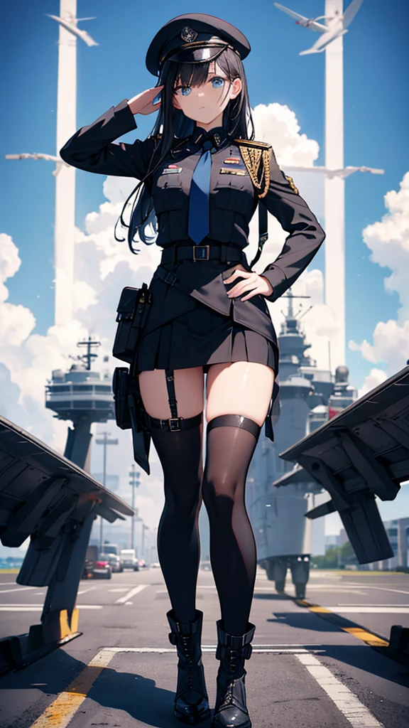 Commander Woman、beautiful、Near future、upright、Right hand salute、Black military uniform、Black Mini Tight Skirt、Black military boots、Black Stockings、Black Hair、Deep blue eyes、thin black tie、Slender body、Black Beret、Wings Medal、Rank insignia on shoulder、Has a holster on his hip、(Blue sky in the background、The deck of an aircraft carrier in the background)