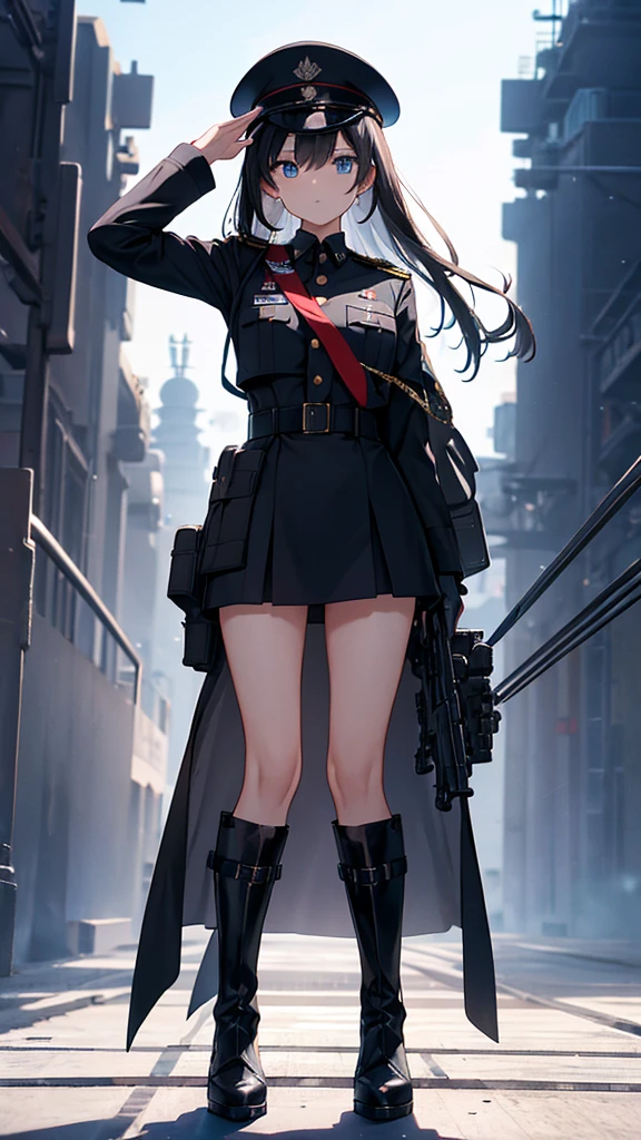 Commander Woman、beautiful、Near future、upright、Salute with your right hand、Left hand lowered、Black military uniform、Black Mini Tight Skirt、Black military boots、Black Stockings、Black Hair、Deep blue eyes、thin black tie、Slender body、Black Beret、Wings Medal、Rank insignia on shoulder、He has a gun、(Blue sky in the background、The deck of an aircraft carrier in the background)