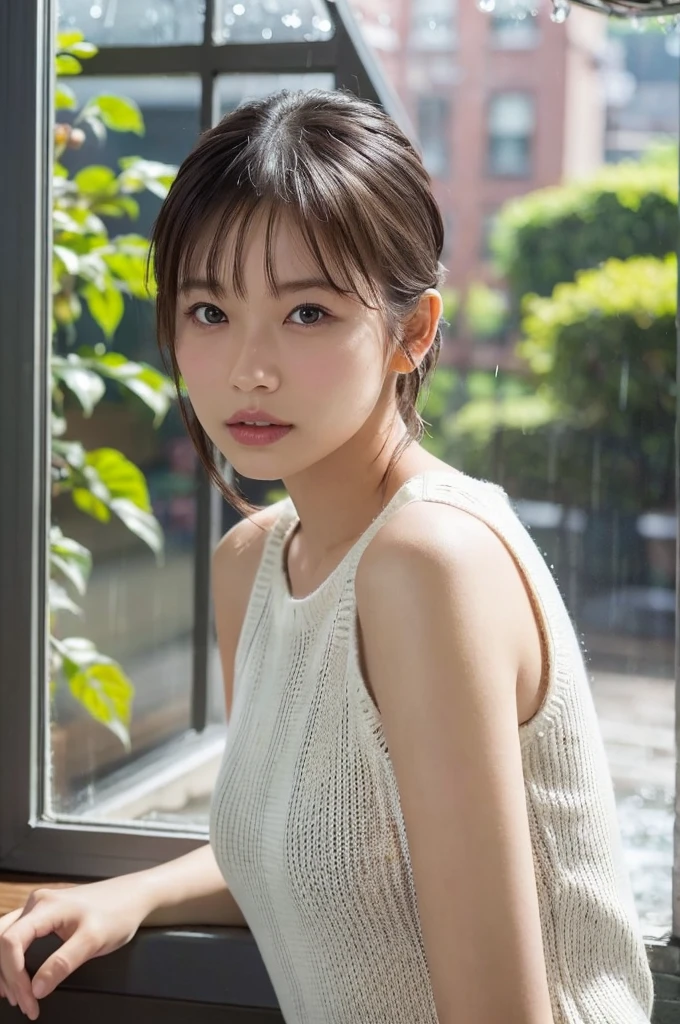 1 girl, (Wearing a white summer sweater:1.2), Very beautiful Japanese idol portraits, 
(RAW Photos, Highest quality), (Realistic, Realistic:1.4), (masterpiece), 
Very delicate and beautiful, Very detailed, 2k wallpaper, wonderful, finely, Very detailed CG Unity 8K 壁紙, Very detailed, High resolution, Soft Light, 
Beautiful detailed, Very detailed目と顔, Beautiful and sophisticated nose, finelyて美しい目, Cinema Lighting, 
(I am doing gravure shoots for fashion magazines..:1.3), (indoor), (Looking out the window on a rainy day:1.3),
(short hair), 
Complete Anatomy, Slender body, Small breasts, 