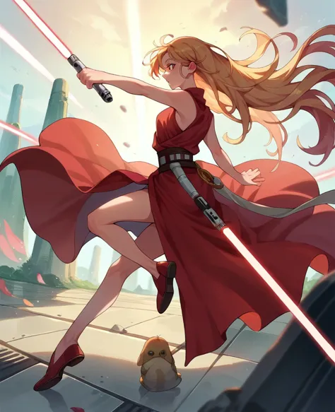 ruby hoshino, golden hair, very long hair, star wars, jedi, lightsaber, red lightsaber, high shoes, bare hands, hoops,