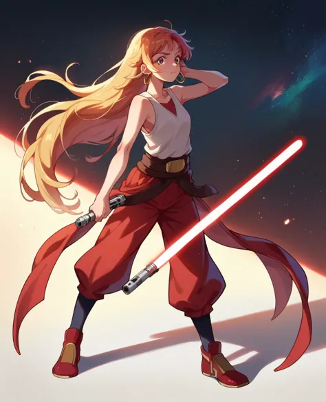 ruby hoshino, golden hair, very long hair, star wars, jedi, lightsaber, red lightsaber, high shoes, bare hands, hoops,