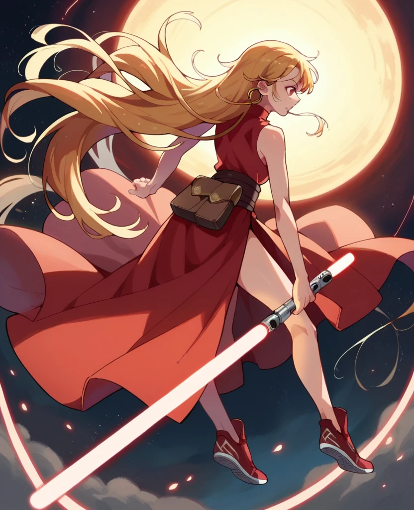 Ruby hoshino, golden hair, very long hair, star wars, Jedi, lightsaber, red lightsaber, high shoes, bare hands, hoops, 