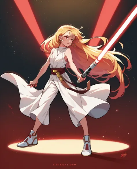 ruby hoshino, golden hair, very long hair, star wars, jedi, lightsaber, red lightsaber, high shoes, bare hands, hoops,