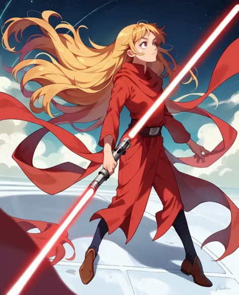 ruby hoshino, golden hair, very long hair, star wars, jedi, lightsaber, red lightsaber, high shoes, bare hands, hoops,