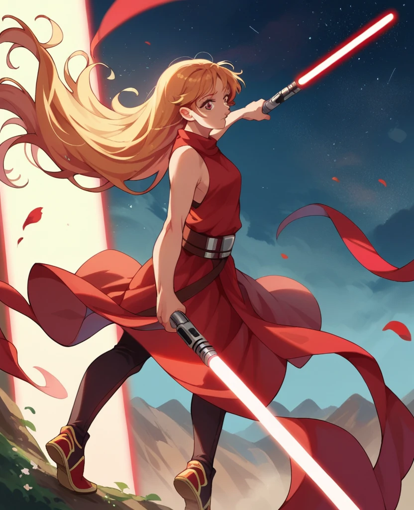 Ruby hoshino, golden hair, very long hair, star wars, Jedi, lightsaber, red lightsaber, high shoes, bare hands, hoops, 