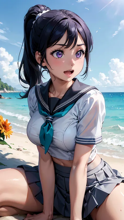 kanan matsuura, blue hair, long hair, ponytail, (purple eyes:1.1), sidelocks,aqua neckerchief, grey sailor collar, grey skirt, m...