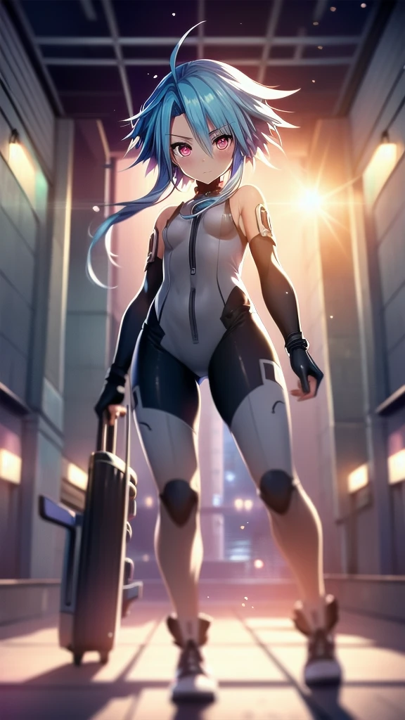 Highest quality，white heart，1girl，blue hair，red eyes，short hair with long locks，bare shoulders，symbol-shaped pupils，white bodysuit，elegant, 1 person, cute, Blushed, Looking at the audience, From below, prison，Beautiful Eyes, Beautiful background, Particles of light, Light of the sun, Dramatic lighting, outside, Shiny, Realistic, Highest quality, Very detailed, Get used to it, scenery, Beautiful and detailed, Thin Hair，Full Body Shot，