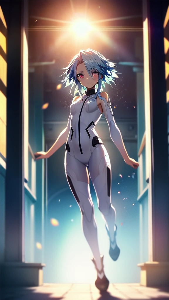 Highest quality，white heart，1girl，blue hair，red eyes，short hair with long locks，bare shoulders，symbol-shaped pupils，white bodysuit，elegant, 1 person, cute, Blushed, Looking at the audience, From below, prison，Beautiful Eyes, Beautiful background, Particles of light, Light of the sun, Dramatic lighting, outside, Shiny, Realistic, Highest quality, Very detailed, Get used to it, scenery, Beautiful and detailed, Thin Hair，Full Body Shot，