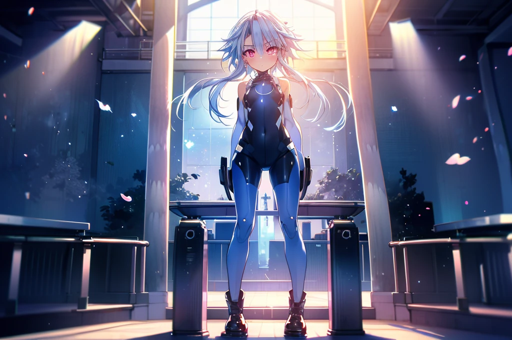 Highest quality，white heart，1girl，blue hair，red eyes，short hair with long locks，bare shoulders，symbol-shaped pupils，white bodysuit，elegant, 1 person, cute, Blushed, Looking at the audience, From below, prison，Beautiful Eyes, Beautiful background, Particles of light, Light of the sun, Dramatic lighting, outside, Shiny, Realistic, Highest quality, Very detailed, Get used to it, scenery, Beautiful and detailed, Thin Hair，Full Body Shot，