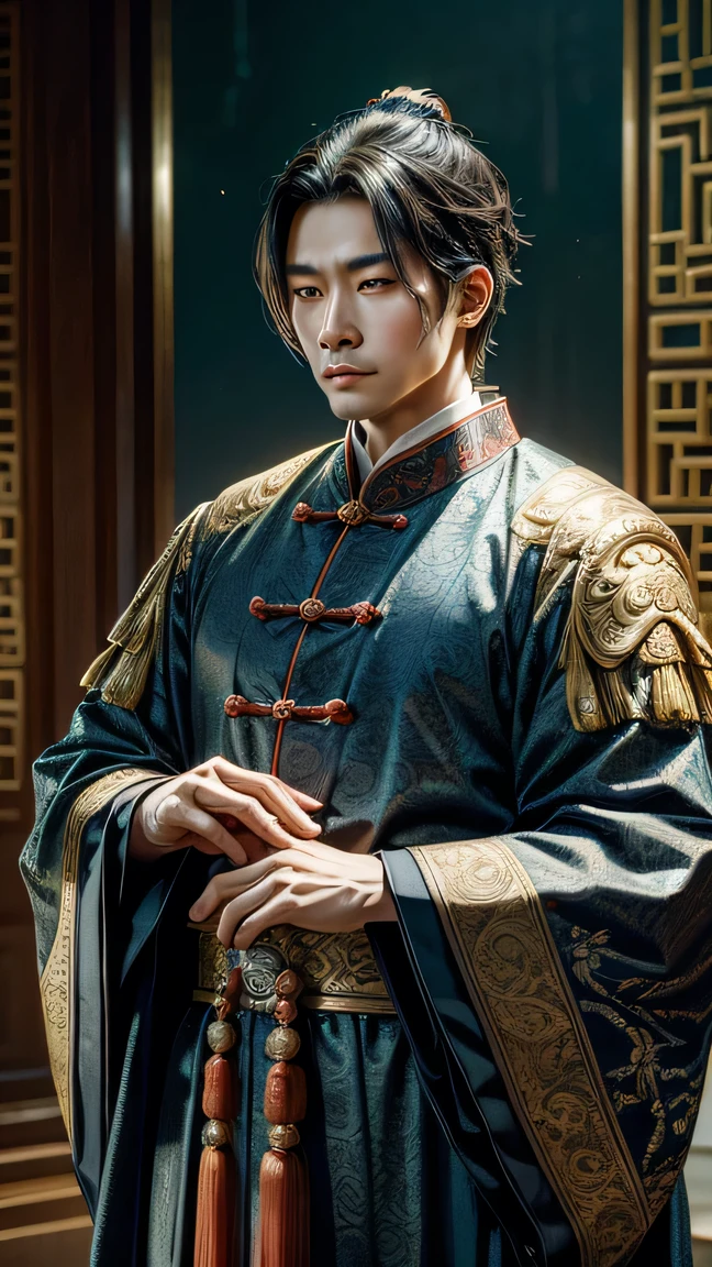 A Chinese man around 40 years old, dressed in official or aristocratic clothing from the 8th to 10th century. His attire is elaborate, featuring rich fabrics and intricate patterns typical of high-ranking officials during the han Dynasty. The man's expression is worried and thoughtful, conveying a sense of concern. The background is simple, perhaps within a grand hall or an ancient Chinese palace, emphasizing his noble status and the gravity of his thoughts