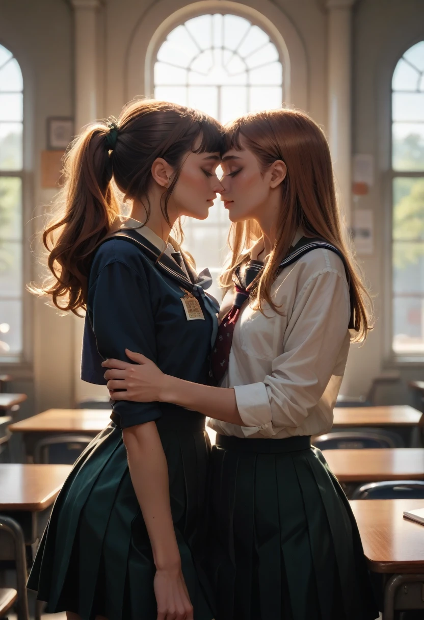 Romance students, two girls students in school uniform, lesbian couple, tall and thin, beautiful, alumnaxalumna, classmates