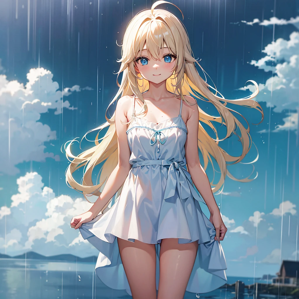 smile、Ahoge、Teal blue eyes、Blonde Long Hair、alone、in the rain、Sea view、White camisole、Light blue hot pants、Holding McDonald&#39;s fries in hand