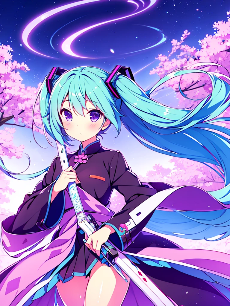 girl, fair skin, purple eyes, Hatsune Miku, white and purple Chinese hayori, blade in hand