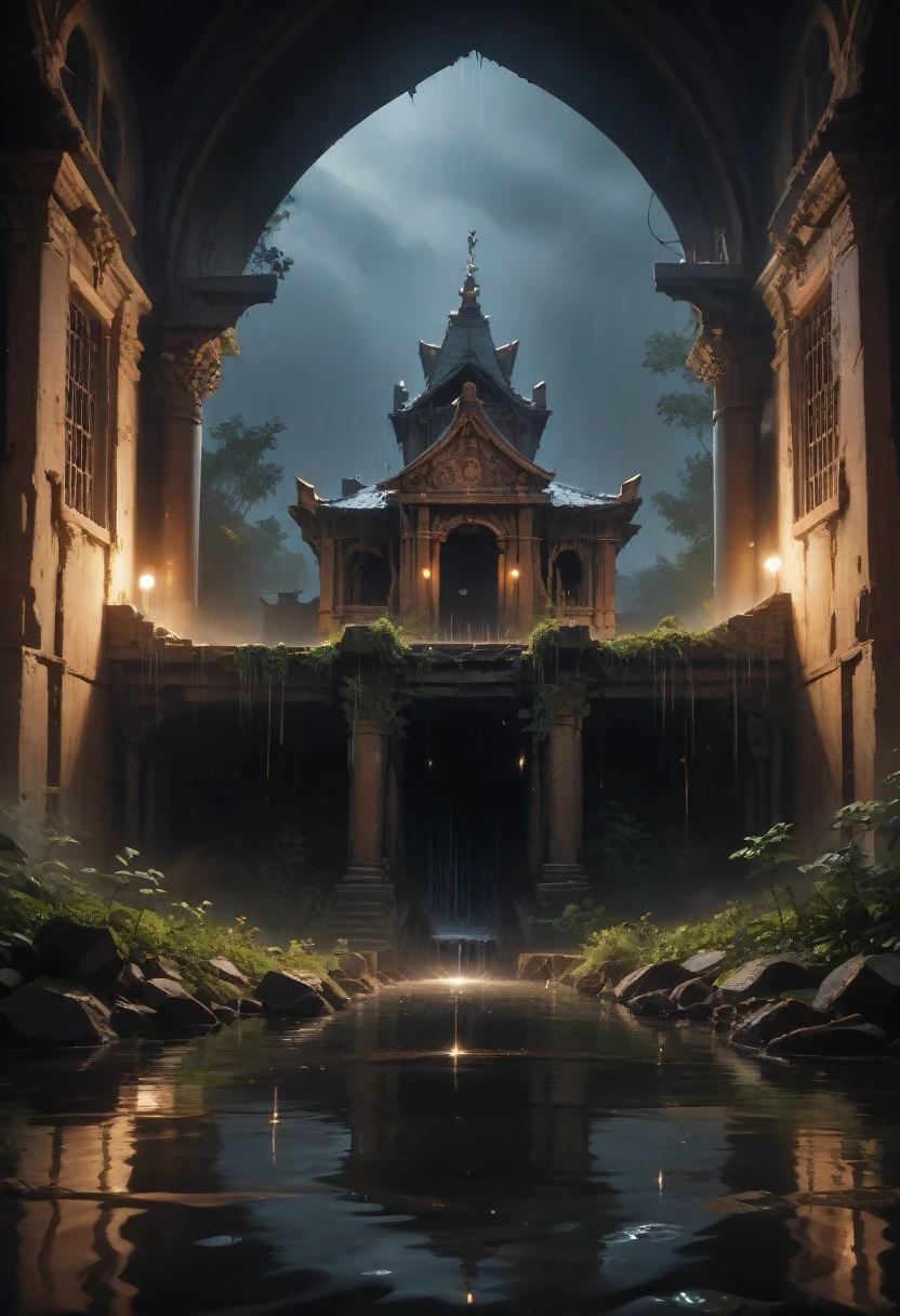 (best quality, masterpiece),( dark sky, heavy rain, inside abandoned temple, low water level stagnant water, ), realistic background, 2112, light*_black_particle,