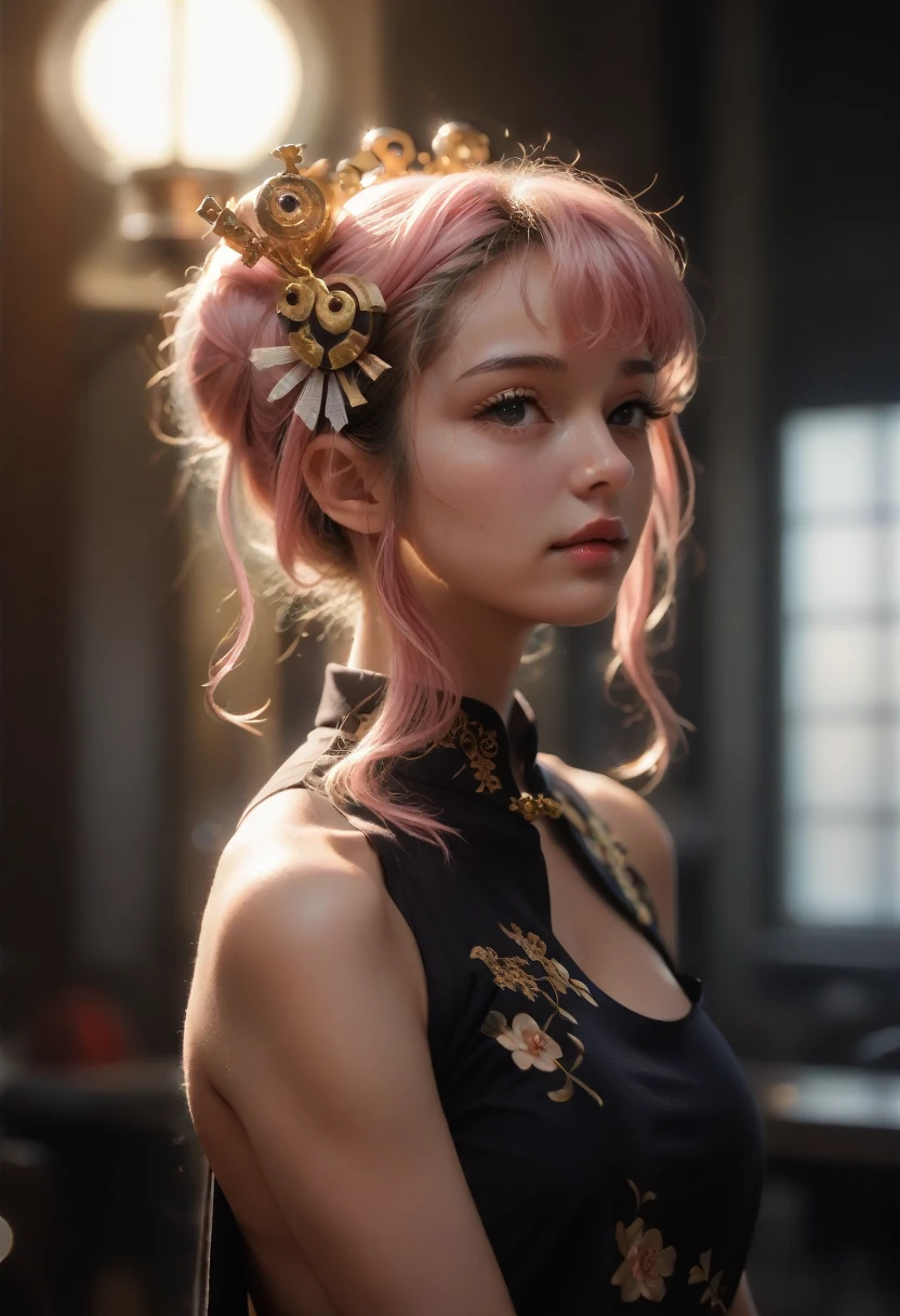 best quality, masterpiece, highres, 1girl,china dress,hair ornament,necklace, jewelry,Beautiful face,upon_body, tyndall effect,photorealistic, dark studio, rim lighting, two tone lighting,(high detailed skin:1.2), 8k uhd, dslr, soft lighting, high quality, volumetric lighting, candid, Photograph, high resolution, 4k, 8k, Bokeh, pink hair, nude,