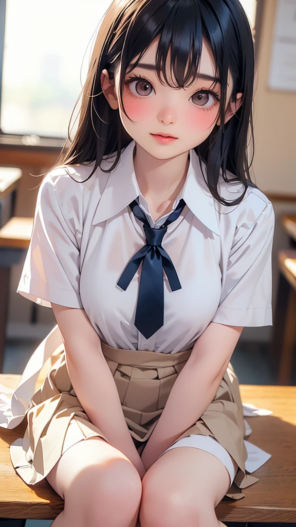 (Tabletop, Highest quality:1.2), 8k,LD, 85mm, Official Art, RAW Photos, Absurd, White dress shirt, Cute Face, close, Shooting from knee to overhead, beautiful girl,(Light brown eyes:1.3) , (Navy Pleated Skirt:1.1), ((Plump breasts)),((Squeeze the waist)), Thighs, Short sleeve, classroom,Black Hair, Long Hair,bangs,Sit on a desk,Gaze at the photographer,(light makeup:1.3), (smile:0.4), Film Grain, chromatic aberration, Sharp focus, Face Light, Bright lighting, Teen, Detailed face, Background Blur, (Dark red tie:1.1)、日本の学校のclassroom、classroom,