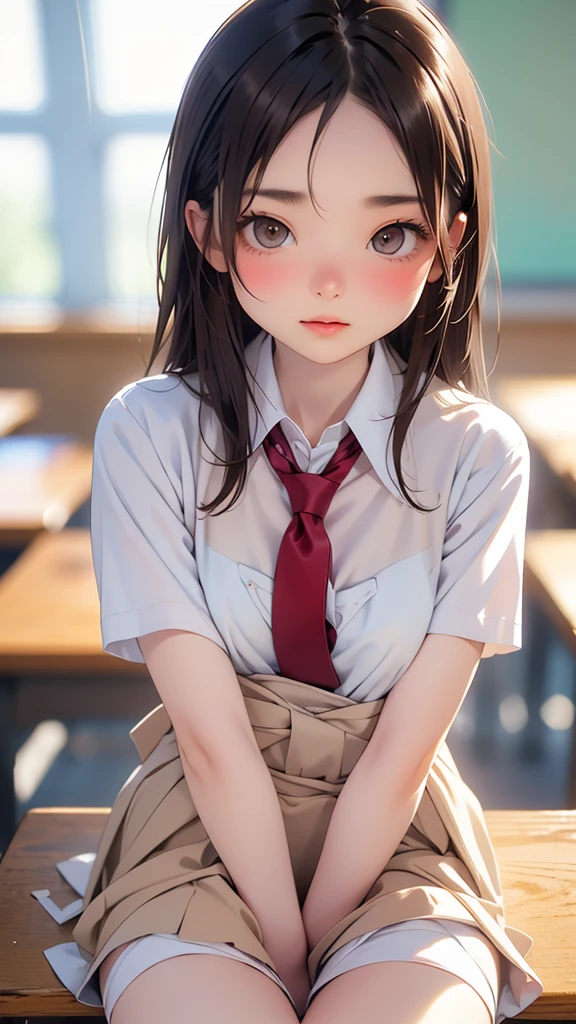 (Tabletop, Highest quality:1.2), 8k,LD, 85mm, Official Art, RAW Photos, Absurd, White dress shirt, Cute Face, close, Shooting from knee to overhead, beautiful girl,(Light brown eyes:1.3) , (Navy Pleated Skirt:1.1), ((Plump breasts)),((Squeeze the waist:1.5)), Thighs, Short sleeve, classroom,(Brown Hair:1.3), Long Hair、(Putting out your forehead),Sit on a desk,Gaze at the photographer, (light makeup), (smile:0.4), Film Grain, chromatic aberration, Sharp focus, Face Light, Bright lighting, Teen, Detailed face, Background Blur, (Dark red tie:1.1)、日本の学校のclassroom、classroom,