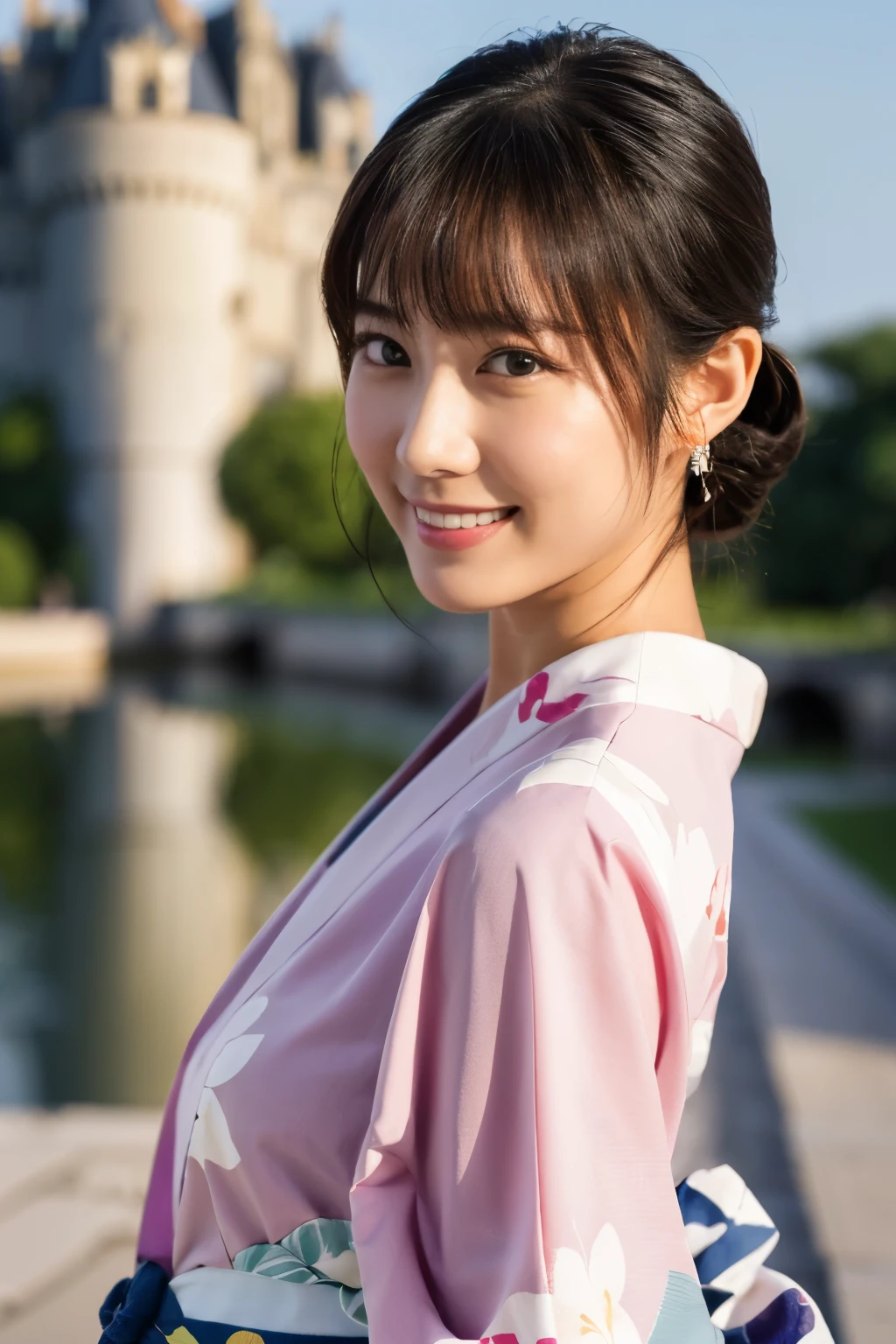 1 person, (Wearing a cute pink yukata.:1.2), Very beautiful Japanese idol portraits, (Young Face),
(RAW Photos, Highest quality), (Realistic, Realistic:1.4), (masterpiece), 
Very delicate and beautiful, Very detailed, 2k wallpaper, wonderful, finely, Very detailed CG Unity 8k 壁紙, Very detailed, High resolution, Soft Light, 
Beautiful details, Very detailed目と顔, Beautiful and sophisticated nose, Beautiful and beautiful eyes, Cinema Lighting, 
(Commemorative photo at the Loire Castle:1.3), 
(Japanese hairstyle), (Tie your hair at the back:1.3), (bangs), (hairpin), 
Complete Anatomy, Slender body, Small breasts, smile