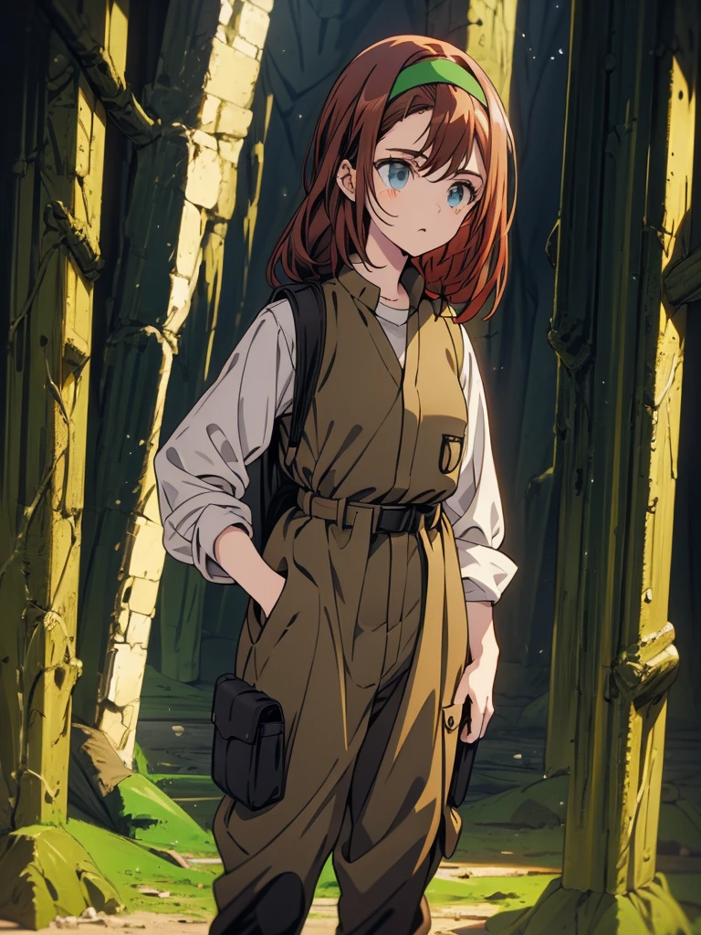 score_9, score_8_up, score_7_up, 8k, Highly Detailed, Masterpiece, source_anime, best quality, beautifully detailed eyes and beautifully detailed hair, 1girl, solo, Anime-style character illustration set against a solid black background. The character is a young woman with fair skin, long reddish-brown hair, and green eyes. She is wearing a green headband, a light grey long-sleeve shirt, and a brown utility vest with multiple pockets. Her outfit includes brown cargo pants with black straps and black combat boots. The character's facial expression is neutral, and she stands with one hand resting on her hip, exuding a confident and composed demeanor, background is arbitrary