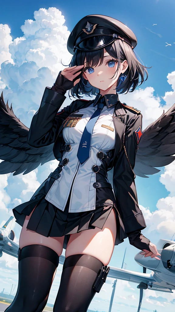 Commander Woman、beautiful、Near future、upright、Salute with your right hand、Left hand lowered、Black military uniform、Black Mini Tight Skirt、Black military boots、Black Stockings、Black Hair、Hair lifted by the wind、(blue eyes、Double)、thin black tie、Slender body、Black Beret、Wings Medal、Rank insignia on shoulder、He has a gun、(Blue sky and white clouds on background、Runway)