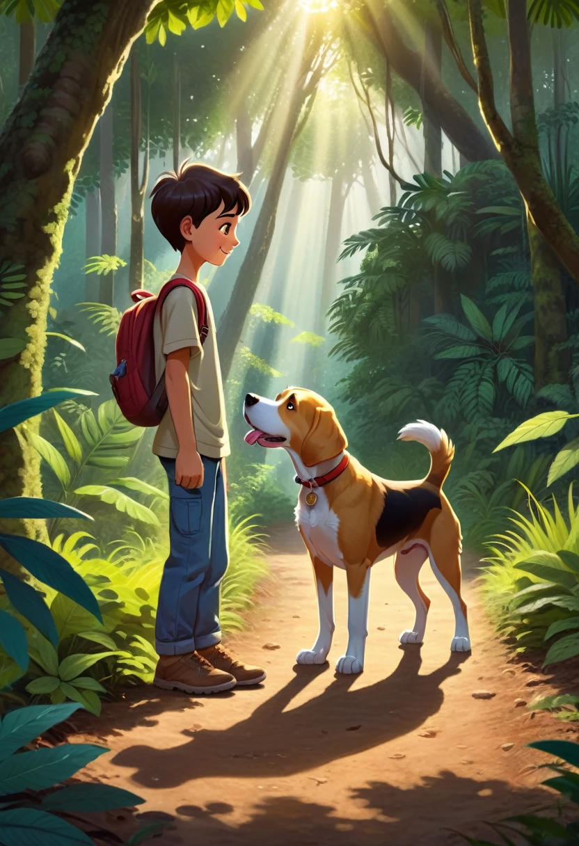 A friendly dog with a golden-brown coat, floppy ears, and a wagging tail approaches the small boy Sam, who is still in the dense jungle. The dog has a warm, inviting expression, and Sam’s face lights up with relief as the dog comes closer. The jungle background remains dense, with tall trees and a small clearing where the boy and the dog meet. Sunlight softly filters through the leaves, creating a moment of connection between the boy and the dog.