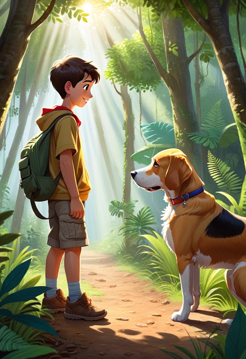 A friendly dog with a golden-brown coat, floppy ears, and a wagging tail approaches the small boy Sam, who is still in the dense jungle. The dog has a warm, inviting expression, and Sam’s face lights up with relief as the dog comes closer. The jungle background remains dense, with tall trees and a small clearing where the boy and the dog meet. Sunlight softly filters through the leaves, creating a moment of connection between the boy and the dog.